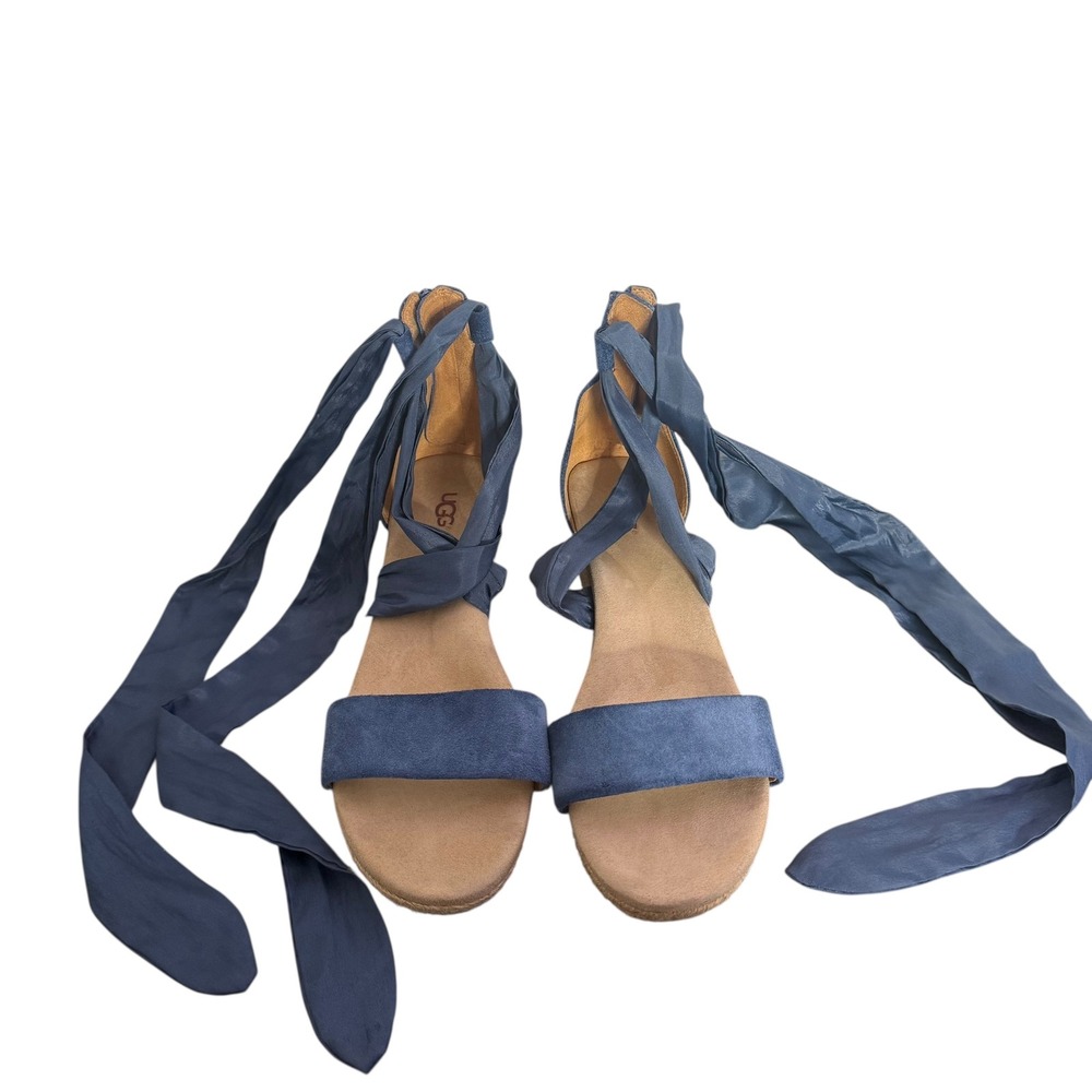 UGG Trina Wedge Espadrille Ankle Wrap Tie Up Sandals Size 10 Blue Suede BOHO - Picture 2 of 12